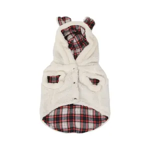 Cozy fleece pet vest with hood and cute ears, warm winter dog cat jacket in classic red plaid.
