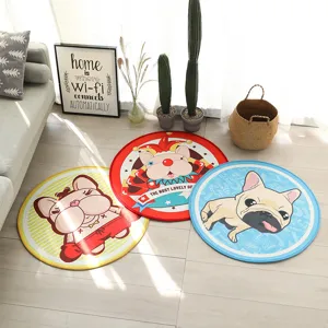 Cute round cartoon French bulldog crystal velvet anti-slip rug for home living room decor.