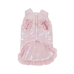 Pink shiny laser pet winter cotton vest with ruffles and snap buttons for dogs and cats.