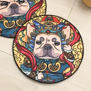Round cute French bulldog cartoon floor mat, soft crystal velvet anti-slip home rug pet mat.