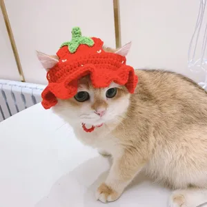 Handmade crochet strawberry cat hat cute pet headwear kitten lace cap for small animals