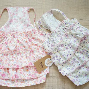 Cute floral dog dress for summer, pure cotton tiered strap skirt for small pets and puppies.