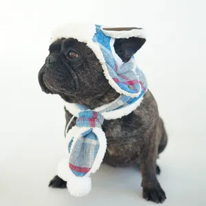 Cute dog winter hat and scarf set, plaid fleece pet warm trapper hat for small dogs.