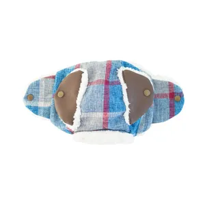 Cute plaid dog winter hat with warm fleece lining and earflaps, stylish pet trapper cap accessory.