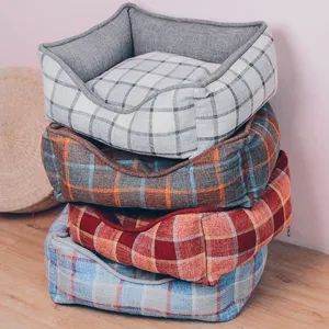 Thickened Canvas Plaid Pet Dog Bed Warm Washable Dog House Cushion For Small Medium Dogs Winter Pet Sleeping Mat