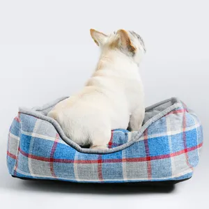 Thickened plaid pet bed with soft cushion for dogs and cats, cozy winter sleeping bed home.