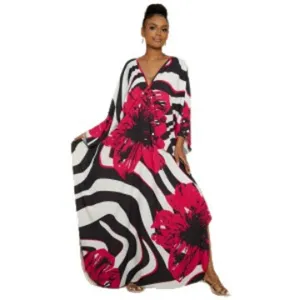 Damen Boho 3D Print Maxikleid V-Ausschnitt lose Strand Urlaub Kaftan Kleid Outfit