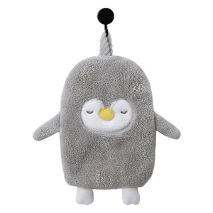 Cute penguin hanging hand towel for kitchen and bathroom, soft absorbent coral fleece quick dry.
