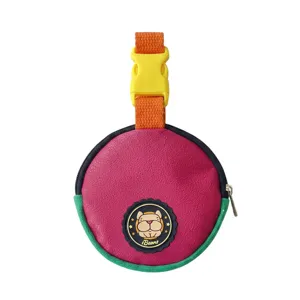 Round pet waste bag holder, leather dog poop bag dispenser with strap and buckle.