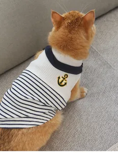 Cute pet sailor vest striped breathable cat dog clothes with stylish anchor design.