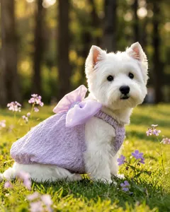 Gros plan détaillé de la jolie robe pour animaux en tissu bulle violet avec grand nœud.