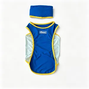 Pet cooling vest and neck guard set, breathable mesh dog apparel for summer heat and outdoor sports.