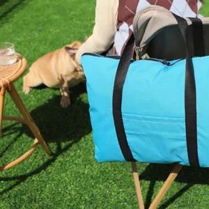 Borsa portaoggetti da campeggio blu portatile con manici neri, design pieghevole per esterni.