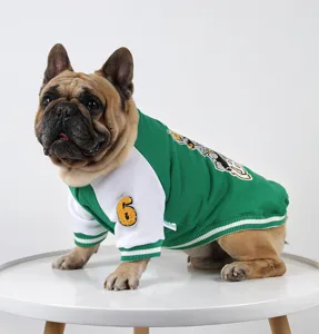 Detailed view of a stylish green and white pet dog baseball hoodie, warm fleece interior.
