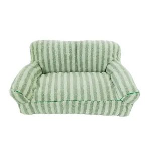 Green striped plush pet sofa bed for cats and dogs, cozy warm indoor winter nesting bed