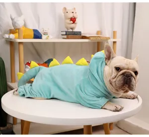 Cute dinosaur pet pajamas for dogs and cats, flannel four-leg warm jumpsuit for winter.