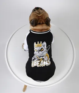 Dog baseball hoodie detail view, cute pet winter warm coat with cool cartoon print on back.
