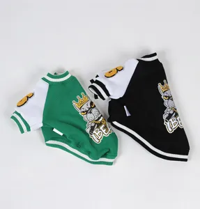 Pet baseball jacket for dogs, fleece warm winter puppy clothes, stylish bulldog pattern sweatshirt.