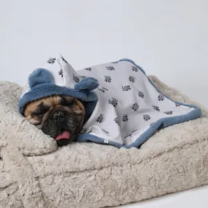 Cute pet fleece blanket cloak with blue hooded ears, warm winter dog cape for lovely dogs.