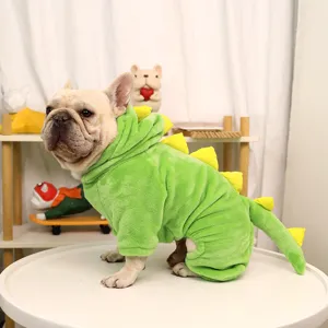 Cute flannel dinosaur pet pajamas, warm four-leg jumpsuit costume for dogs and cats winter.