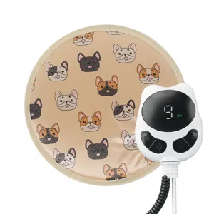 Round pet heating pad with cute dog pattern and digital temperature controller for cats dogs.
