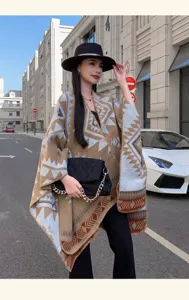 Stijlvolle retro geometrische capejas, warme imitatiekasjmier poncho voor reizen en dagelijks.