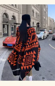 Retro geometrisch geprinte kasjmier-look cape sjaal jas voor dames, warme winterkleding.