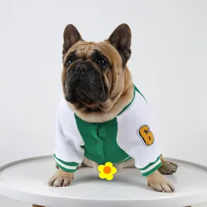 Dog varsity jacket winter warm pet clothes cute french bulldog green white coat apparel