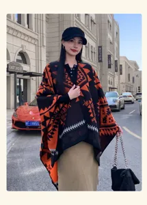 Vrouwen retro geometrische print open gespleten sjaal winter warme imitatie kasjmier cape jas