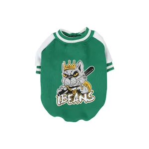 Green and white pet baseball hoodie for dogs, warm fleece dog clothes with cute crown dog print.