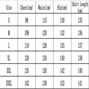 Detailed size chart showing bust, waist, hip and length measurements for women's dress.
