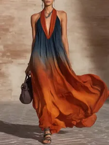 Stunning gradient halter long dress detail showcasing beautiful ocean beach vacation style.