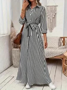 Vestido Largo de Camisa a Rayas para Mujer Casual Cuello en V Botonadura Simple Manga Media Maxi Vestido Estilo Resort de Playa con Cinturón