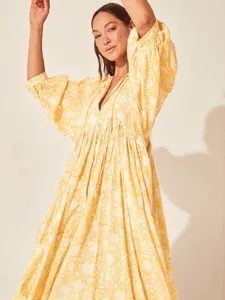 Yellow floral print V-neck puff sleeve midi dress detail view, perfect for beach vacation.