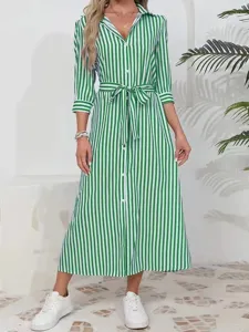 Vestido camisa rayas verde blanco manga media cinturon maxi vacaciones playa casual detalle