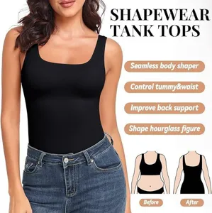 Women's seamless shapewear tank top, square neck body shaper for tummy control and support.