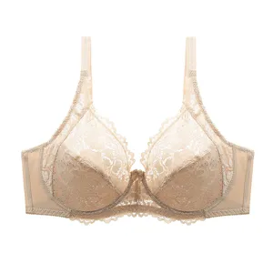 Details of the plus size ultra-thin lace bra featuring exquisite floral patterns and wide straps.