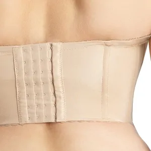 Back detail view of a nude strapless longline bra with multi hook closure seamless design