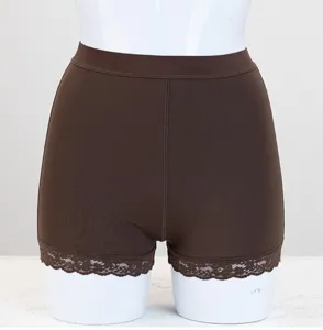 Brown women shaping shorts with lace trim, high waist hip lifting underwear for daily fitness.