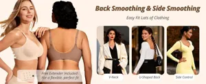 Women seamless smoothing wireless bra with side control and free extender for daily wear.