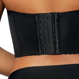 Back detail view of black seamless strapless bra with multi hook closure comfort support.