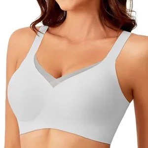Reggiseno Senza Cuciture da Donna Senza Ferretto Scollo a V Giunzione in Rete Spalline Larghe Nylon Comodo Traspirante Top