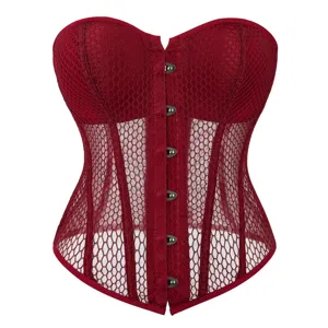 Close-up detail of red mesh strapless corset top, breathable fishnet fabric and metal busk.