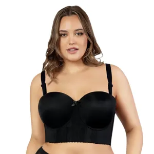 Detailed view of the black lace bustier bra, featuring smooth cups and adjustable straps.