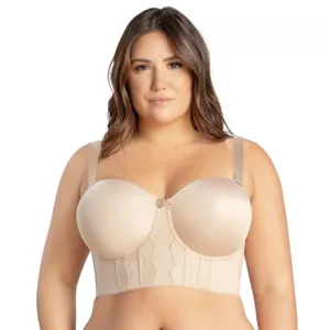 Detailed view of the nude longline bra featuring underwire support and delicate lace trim.