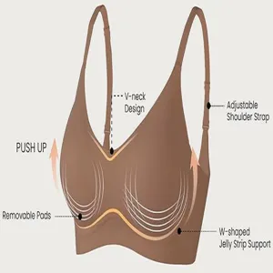 Seamless push-up bra with V-neck design and removable pads for daily comfortable wear.