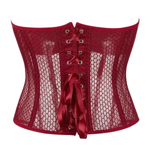 Close-up detail of red mesh corset back with satin ribbons and metal eyelet lacing.