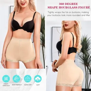 High waist shapewear shorts with lace trim, 4-way stretch breathable fabric for butt lift.