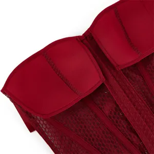 Red mesh corset top detail, breathable cups and sheer lace texture for summer fashion style.