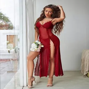 Sexy red sheer lace long nightgown detail, high split sleepwear, elegant bridal lingerie close-up